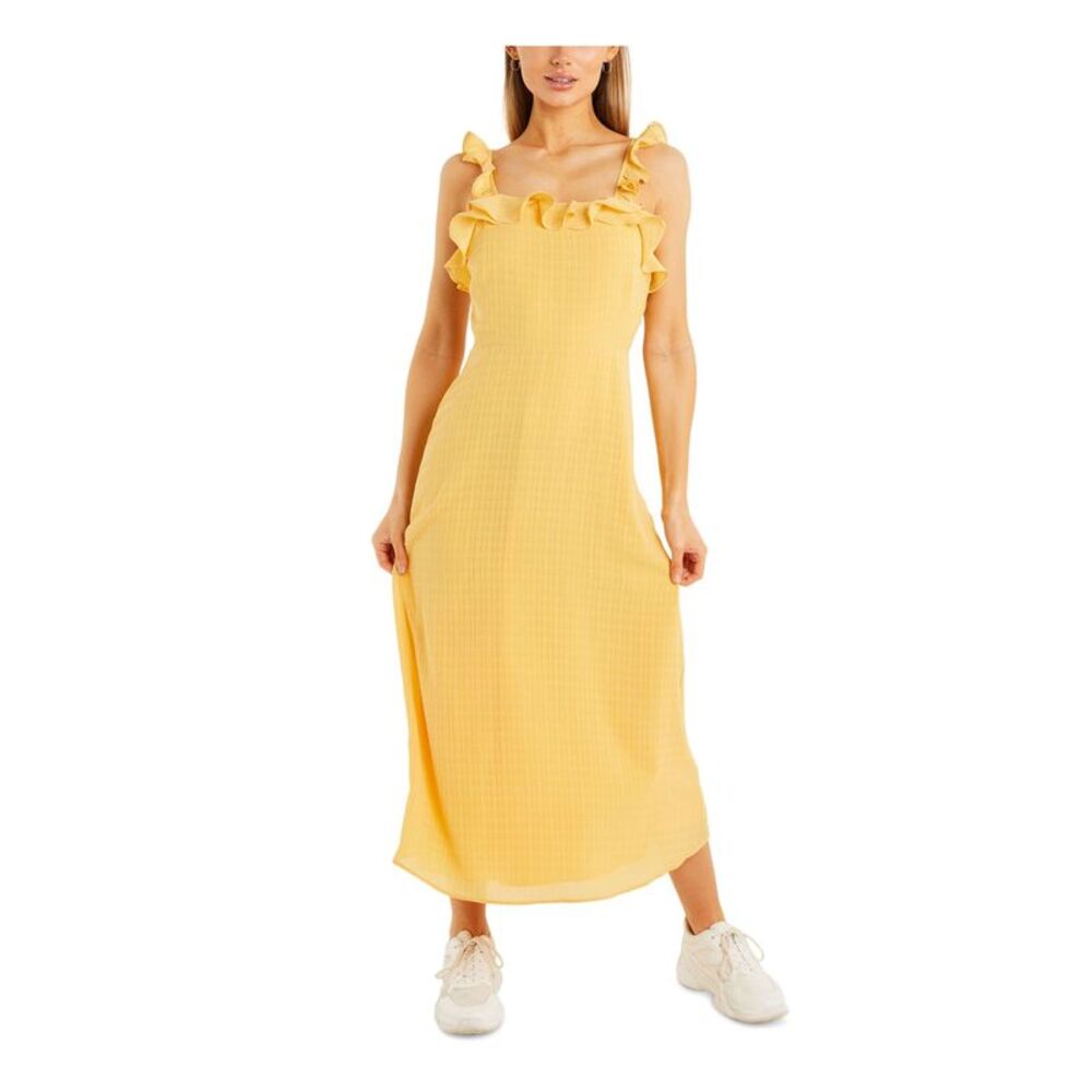 QUIZ Womens Yellow Open Back Tie Sleeveless Tea-Length Fit + Flare Dress 4